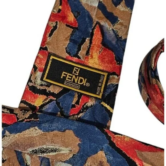 FENDI Men's 100% Silk Necktie LUXURY Tie Blue Beige Art W:3.6" EUC